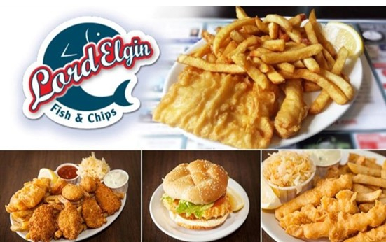 Lord Elgin Fish and Chips logo with pictures of fish and chips and burger